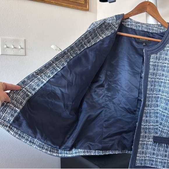 Talbots Tweed Crew Chambray trim Blazer Jacket Sz 16/XL Navy Blue White Fringe - Picture 11 of 16